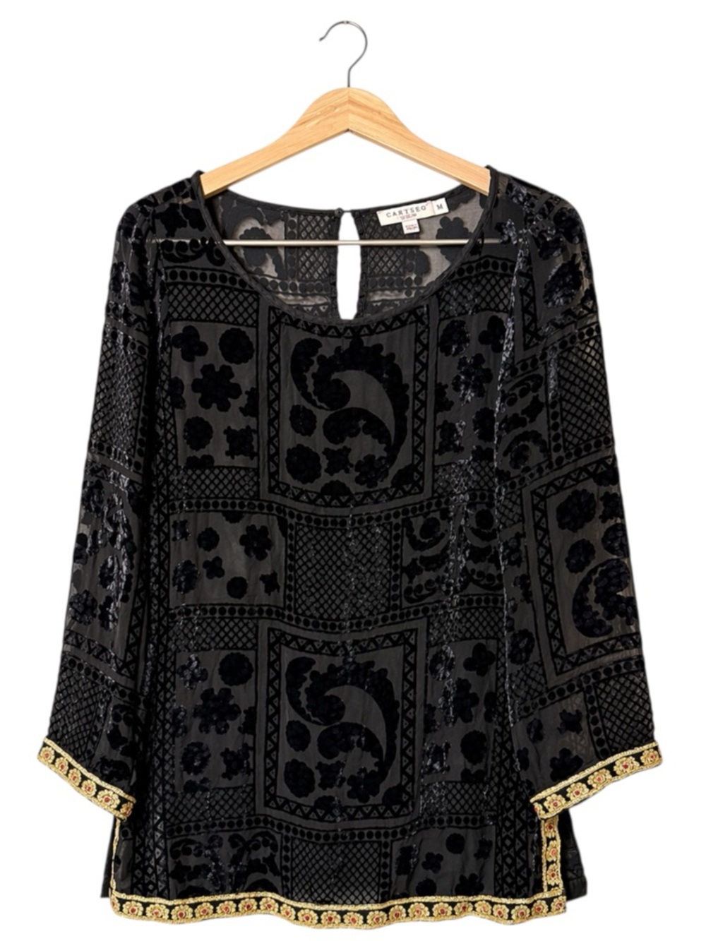 Calypso St Barth Black Velvet Burnout Top Size M Gold Trim Mature Event Party‎